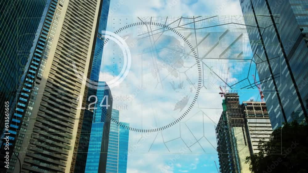 Poster animation of loading circles with changing numbers and globe in circle, low angle view of buildings