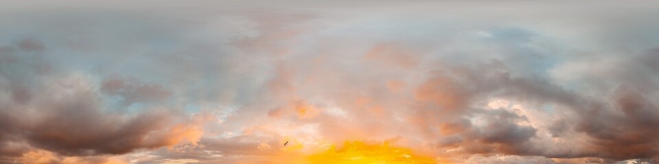 Sunset sky panorama with bright glowing pink Cumulus clouds. HDR 360 seamless spherical panorama. Full zenith or sky dome for 3D visualization, sky replacement for aerial drone panoramas.