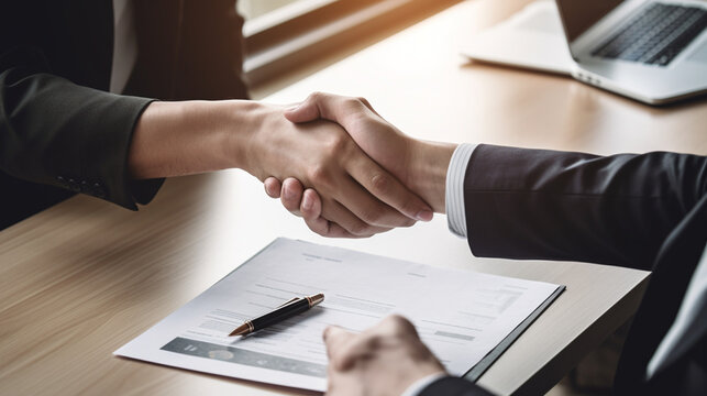 Happy bank manager shaking hands with a client after successful agreement in the office, generative ai