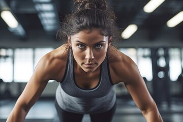 Fototapeta na wymiar The strength and agility of a female athlete as she engages in high - intensity interval training( HIIT) at the gym. Generative AI