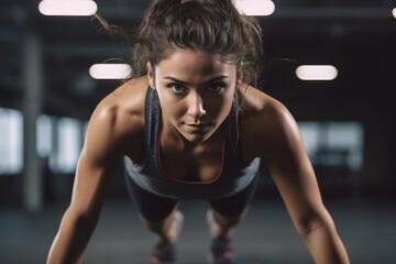 The strength and agility of a female athlete as she engages in high - intensity interval training( HIIT) at the gym. Generative AI