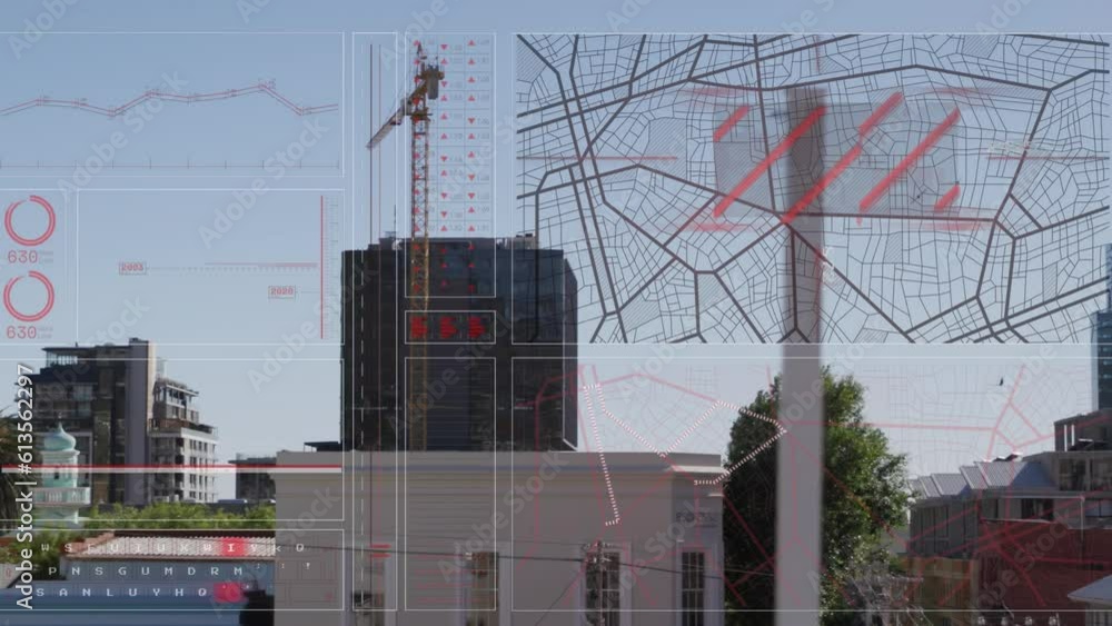 Poster Animation of loading circles, graph, navigation pattern over under construction buildings