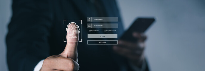 Users online security check system. Businessman using fingerprint. Digital transformation...