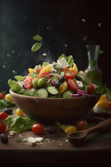 Fototapeta na wymiar Big wooden bowl filled with salad and various sliced vegetables with splashes of vinegar and chunks of cheese, light and fresh healthy food concept on dark background