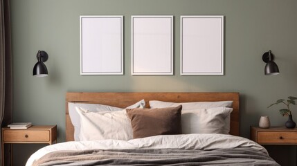 Portrait blank picture frame mockup on sage green wall. Grey linen and rusty muslin pillows on wooden bed. Scandinavian bedroom interior. Generative AI.