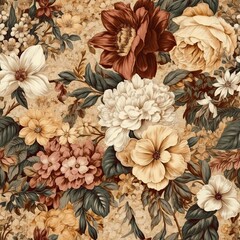 Vintage Flowers Ivory Seamless pattern, generative AI