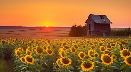 Obraz premium First sun rises in the morning above sunflowers field and old mill. Generative AI