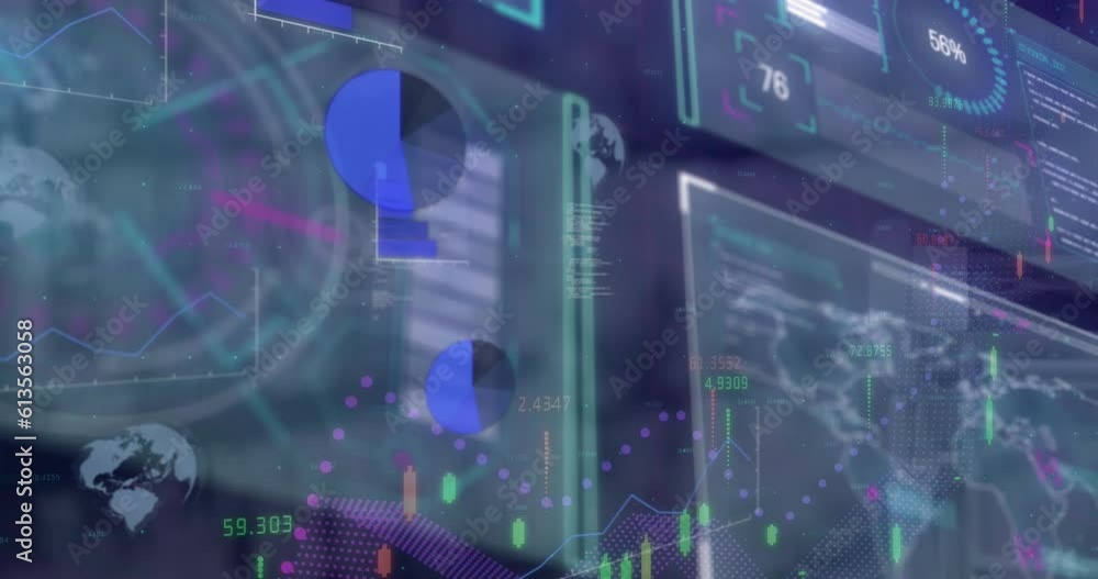 Aufkleber animation of interface with financial data processing against purple background