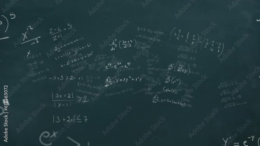 Poster animation of mathematical equations and formulas floating against grey chalk board