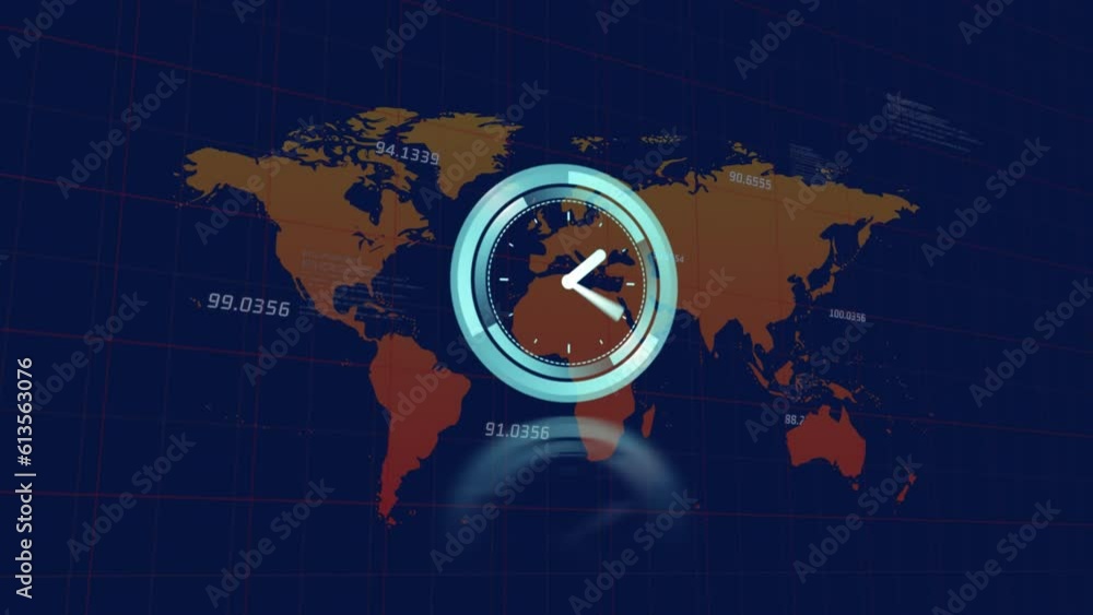 Poster Animation of neon ticking clock, data processing and world map against blue background