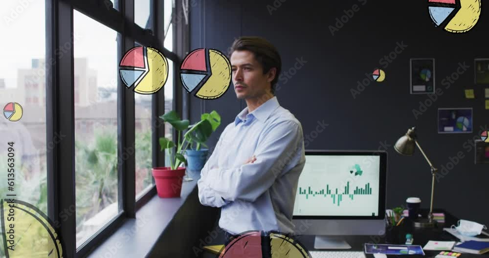 Poster animation of multiple pie graph icons over thoughtful caucasian man looking out of window at office