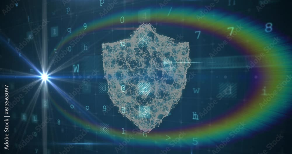 Poster animation of cyber security data processing and icons against rainbow lens flare on blue background