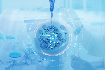 3d Abstract blue cell or bubble and vitamin drop with equipment science lab on hand scientist background. illustration macro technology of treatment cellular level skin.