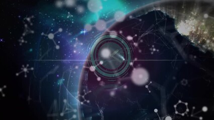 Animation of neon ticking clock and molecular structures against spinning globe in space - Powered by Adobe