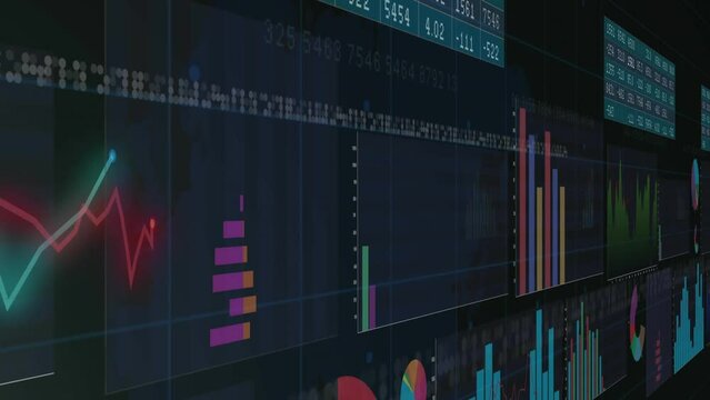 Animation of interface with statistical data processing against black background