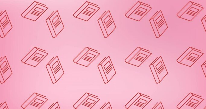 Animation of multiple school book icons in seamless pattern against pink background