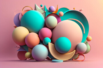 Abstract shape background with colorful ball and other 3d shape in pastle color Generative Ai