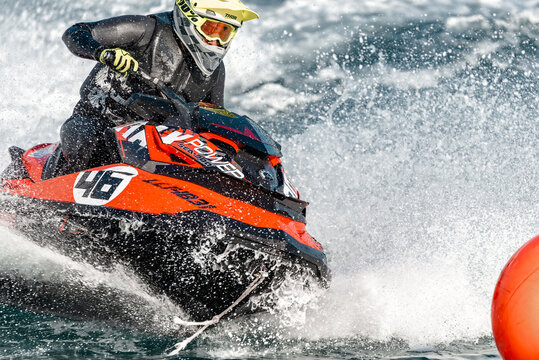 Limassol, Cyprus - November 26, 2022: Close-up of Jet ski rider during races