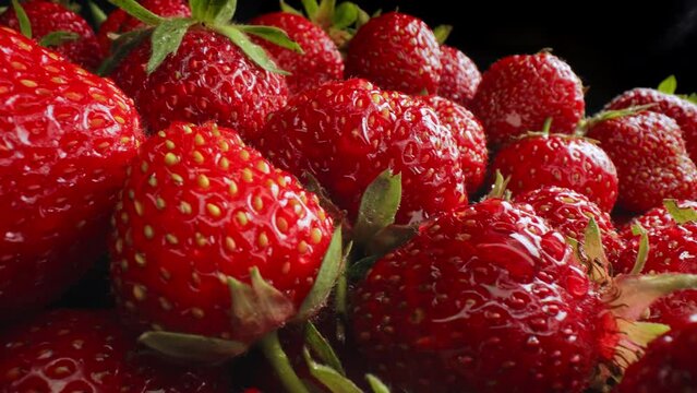 Red fresh strawberries background. Natural juicy berries, macro wide footage.