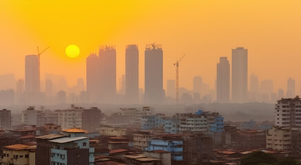 Modern highrise rich buildings and poor slums at sunset with air pollution. Generative AI