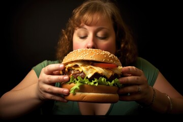 A big hamburger and an overweight woman. Awareness of obesity as a result of unhealthy eating habits and fast food consumption. Generative AI - obrazy, fototapety, plakaty