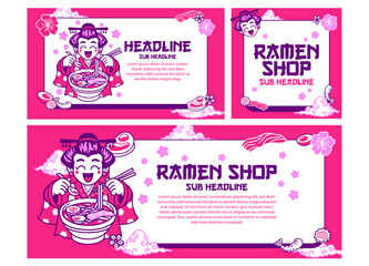 Banner Set of Japanese Kimono Woman Eating Ramen Illustration