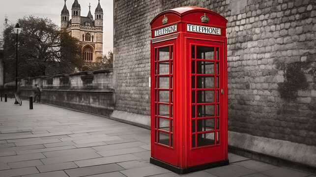 Classic, red telephone booth in front of the Tower, Generative AI