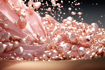 Ultra realistic perls luxurious foil textured flakes in rose crystal flowing liquid, octane. AI Generative