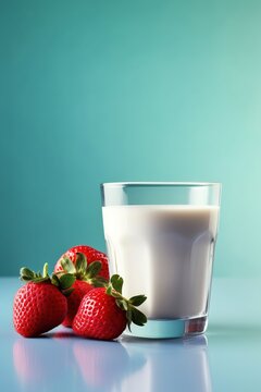 A glass with fresh milk and fresh strawberries. natural products. Generative AI