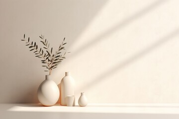 Mockup of a earthy vase with natural plants in a white clean minimal apartment. Interior deco design. Generated AI.
