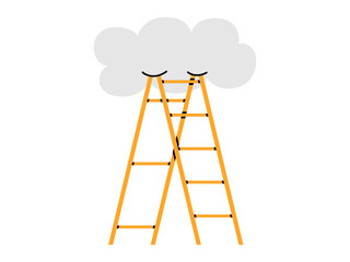 Hand drawn cute illustration of ladder rests on the cloud. Flat vector way to the sky in colored doodle style. Rise to new level, self-development sticker, icon or print. Isolated on white background.