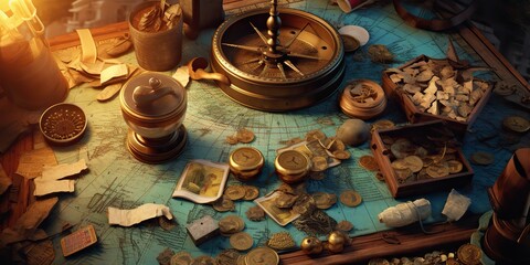 Fototapeta na wymiar AI Generated. AI Generative. Retro vintage antique treasure map. Adventure explore nautical vibe. Graphic Art