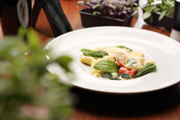 Ravioli pasta in white cream sauce with green leaves ,tomatoes and grated cheese, on a white plate, selective focus.