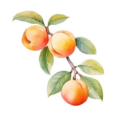 Watercolor Apricot Branch Isolated. Illustration AI Generative.