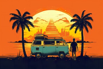 Traveler, sunset, couple, fishing, car ,camp
