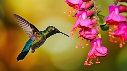 Fototapeta na wymiar Wildlife scene from jungle. Hummingbird with pink bloom in forest habitat. flying in the nature tropical wood habitat, Generative AI