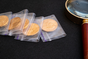 Austrian four ducats on US dollars. Investments in investment coins. The concept of buying gold. investment in gold.