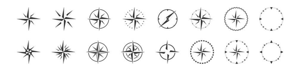 Compass geography set black icon. Wind rose with direction icons. Global positioning system. Isolated vector illustration