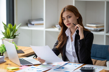 Successful happy smiling businesswoman saleswoman working on laptop computer, Young female making on video conference meeting online zoom, Accounting woman do taxes calculation interest rates law firm