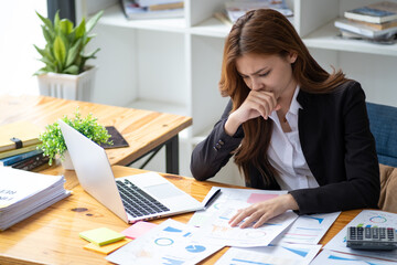 Tired exhausted  fatigue angry business woman manager bookkeeping law firm accounting bored sleepy sitting at desk, business woman stressed about meeting online project document on laptop computer 