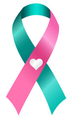 The pink and teal ribbon is used to support many causes related to Breast Cancer Awareness, such as different forms of breast cancer and the combination of ovarian and breast cancer. - obrazy, fototapety, plakaty