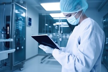 Doctor holding tablet smart hospital in operating room. Generative AI