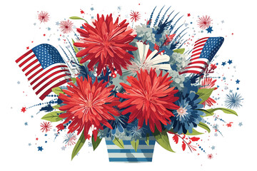 Fourth of July Patriotic flowers bouquet with fireworks  and flags vector illustration.