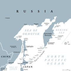 Sea of Okhotsk, gray political map. Marginal sea of the North Pacific Ocean located between the Kamchatka Peninsula, the Kuril Islands, Hokkaido, Sakhalin, and a stretch of the eastern Siberian coast.