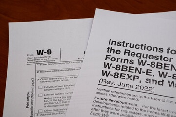 Fototapeta premium Tax Form W-9 Request for Taxpayer Identification Number and Certification, business concept.