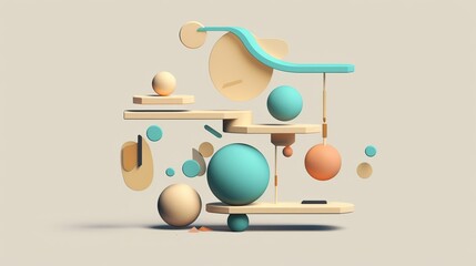 Geometric art installation with a spheres. Creative and playful space that stimulates productivity with colourful accents. Generative AI. Illustration for brochure, poster, presentation or banner.