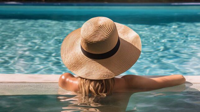Attractive woman wearing hat uin the pool