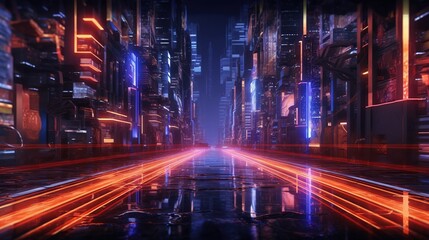 Fototapeta na wymiar Road with light trails of passing vehicles. Motion speed light in city. Dynamic background. Town at night with speed traffic. Generative AI. Illustration for banner, poster, cover or presentation.