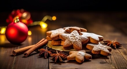 Traditional Christmas cookies, cinnamon stars on rustic background, Generative AI