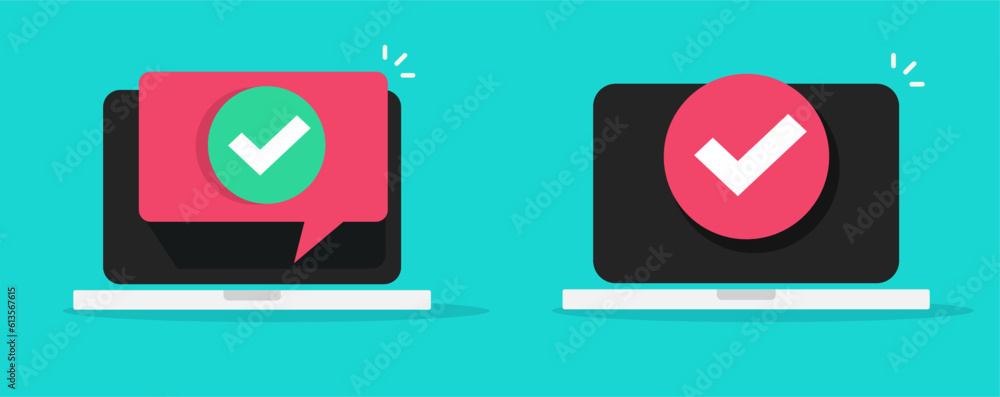 Poster laptop check mark test validation tick online icon vector graphic, computer pc digital verification 